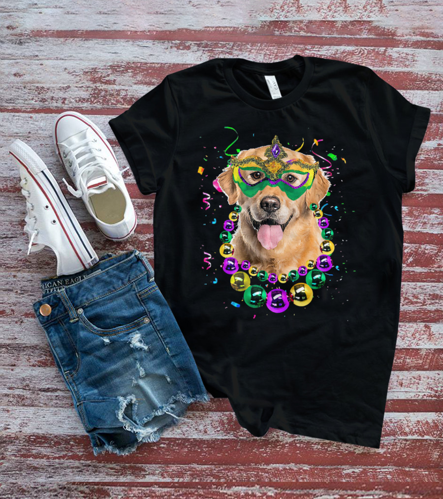 Golden Retriever With Mardi Gras Mask And Beads T-Shirt
