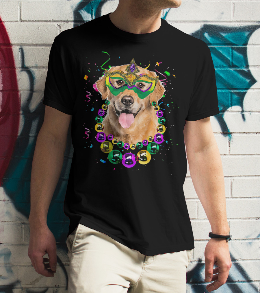 Golden Retriever With Mardi Gras Mask And Beads T-Shirt
