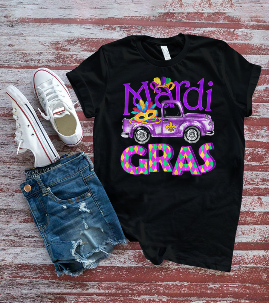 Mardi Gras Truck Mask With Colorful Feathered Costume T-Shirt