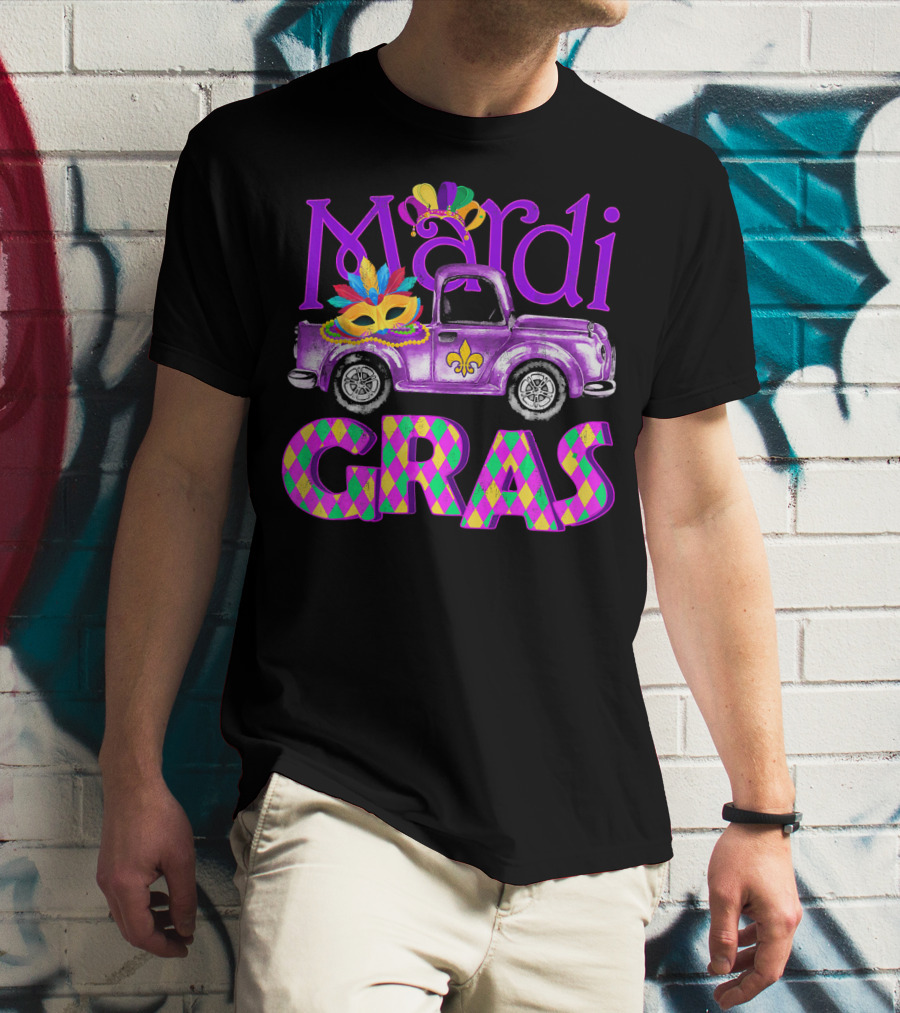 Mardi Gras Truck Mask With Colorful Feathered Costume T-Shirt