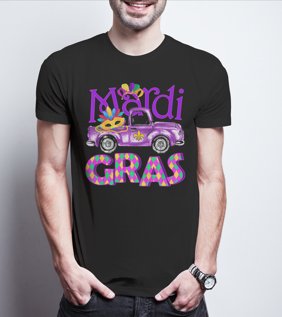 Mardi Gras Truck Mask With Colorful Feathered Costume T-Shirt