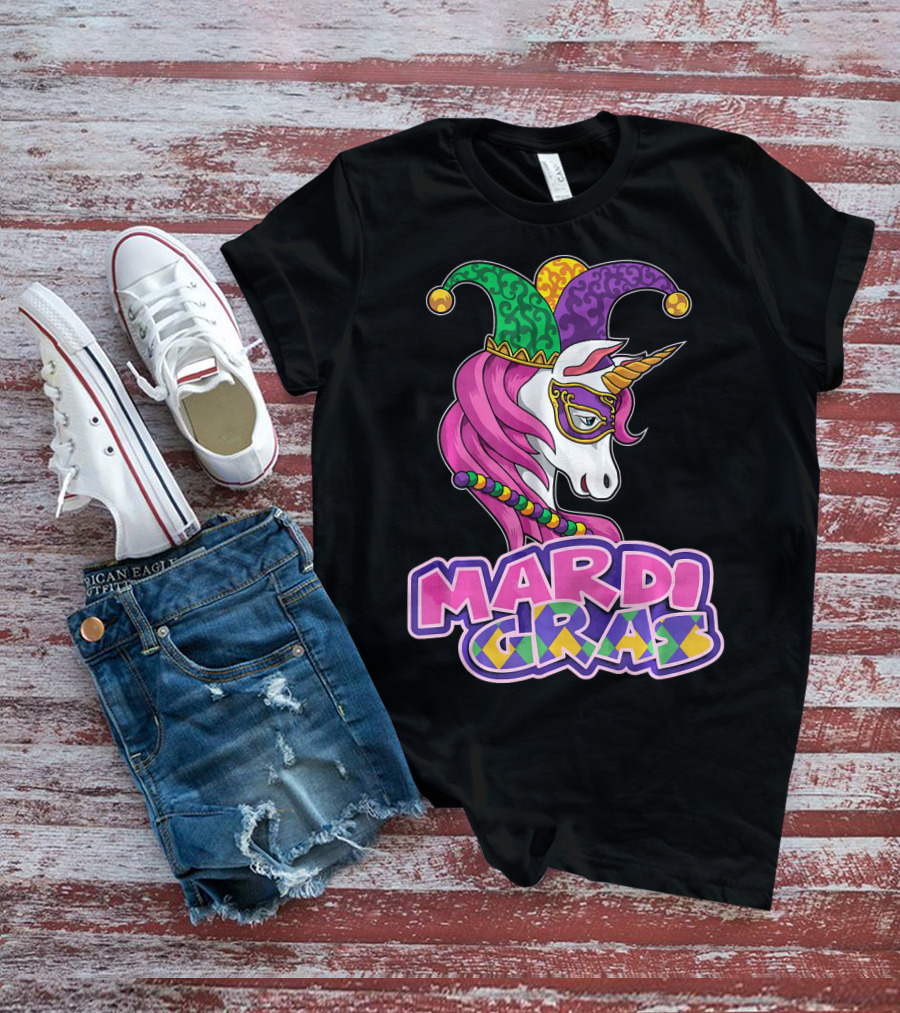 Mardi Gras Unicorn Jester Mask Carnival Lover T-Shirt