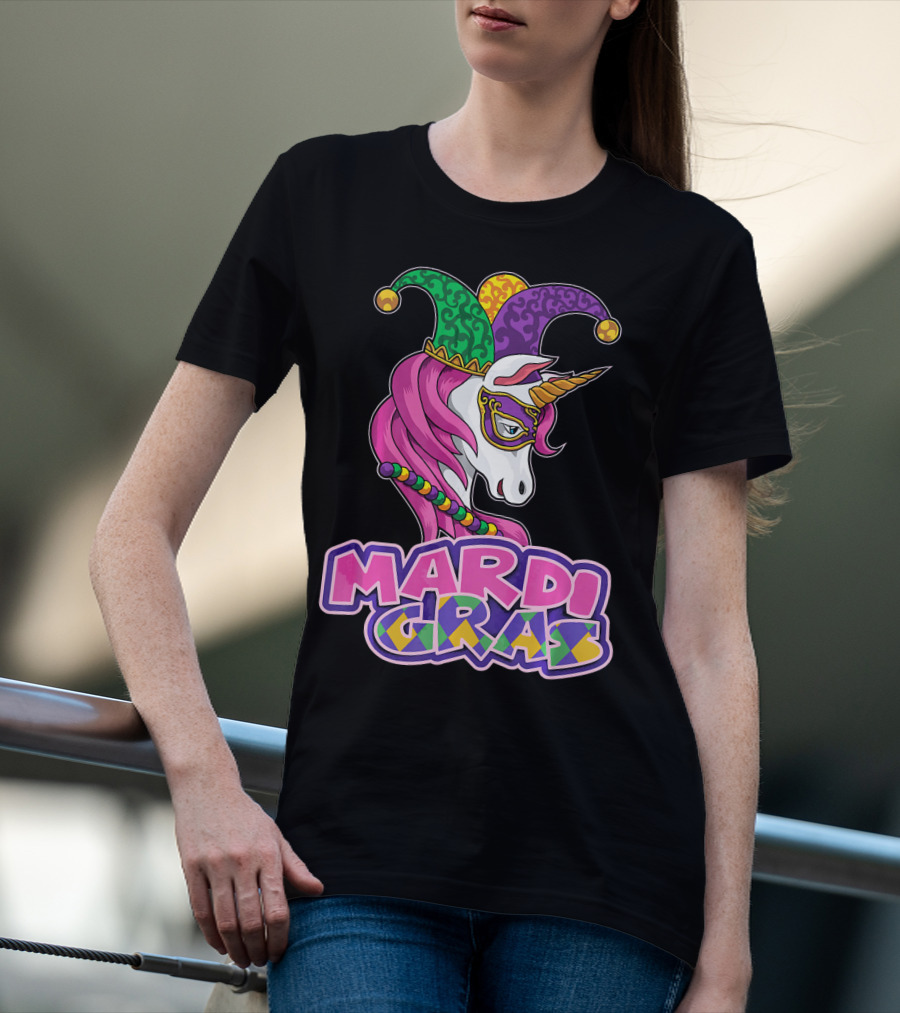 Mardi Gras Unicorn Jester Mask Carnival Lover T-Shirt