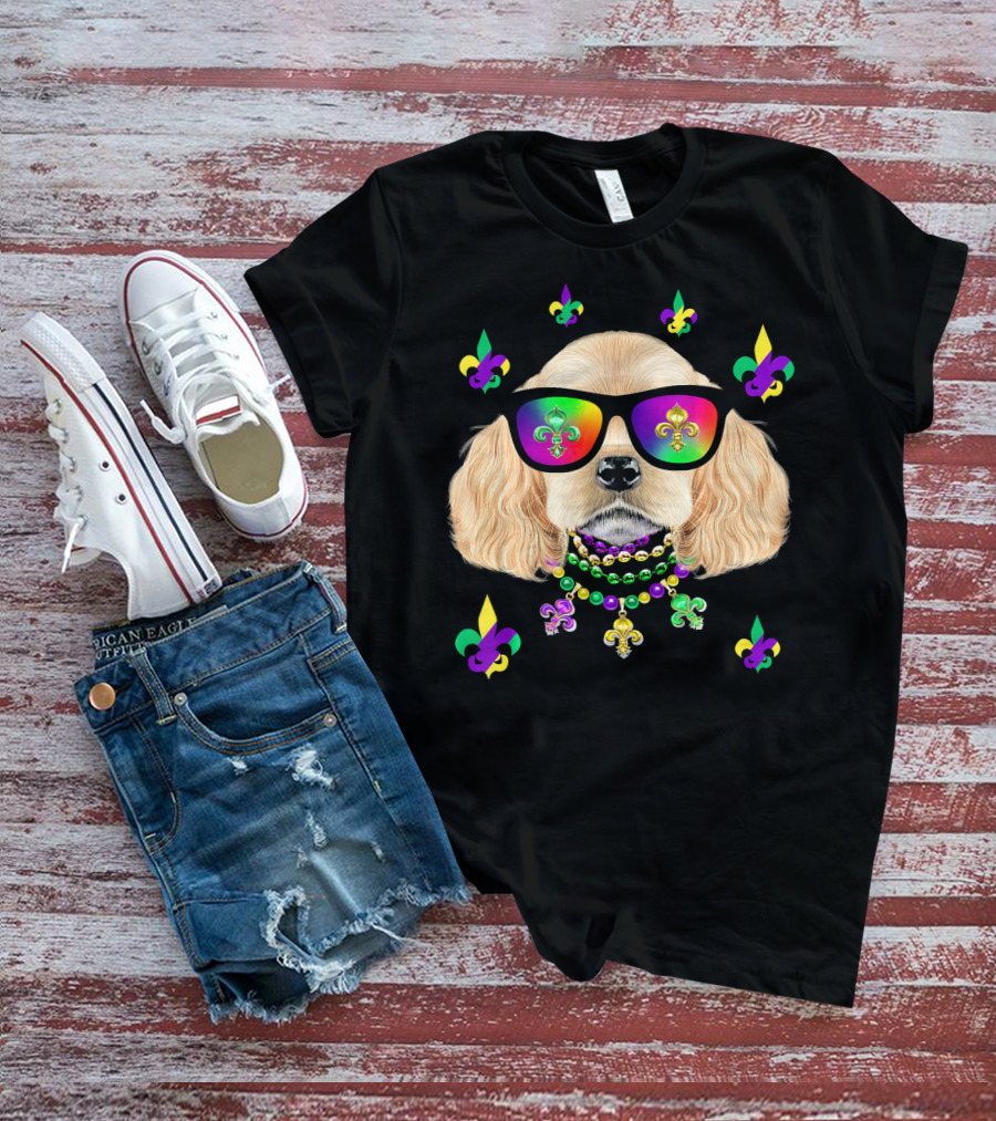 Dog Wearing Mardi Gras Beads And Sunglasses With Fleur-de-Lis T-Shirt