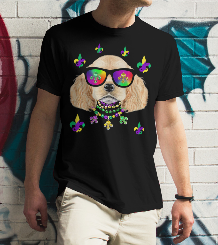 Dog Wearing Mardi Gras Beads And Sunglasses With Fleur-de-Lis T-Shirt