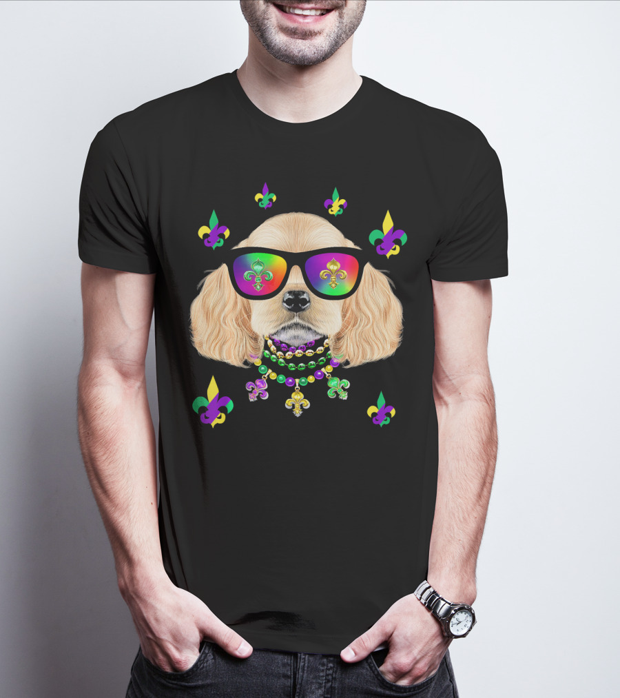 Dog Wearing Mardi Gras Beads And Sunglasses With Fleur-de-Lis T-Shirt