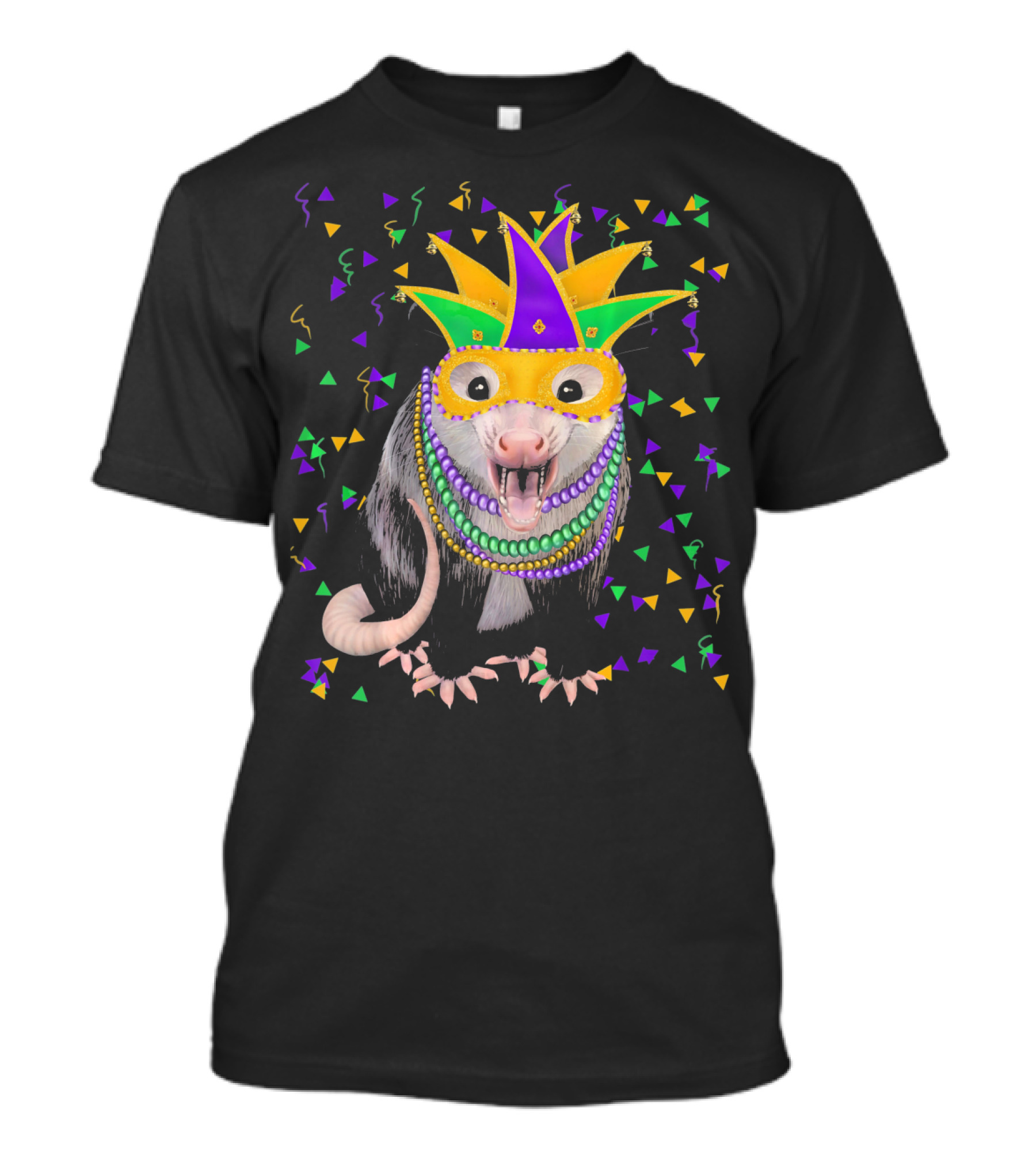 Mardi Gras Possum Wearing Colorful Mask And Beads With Confetti T-Shirt
