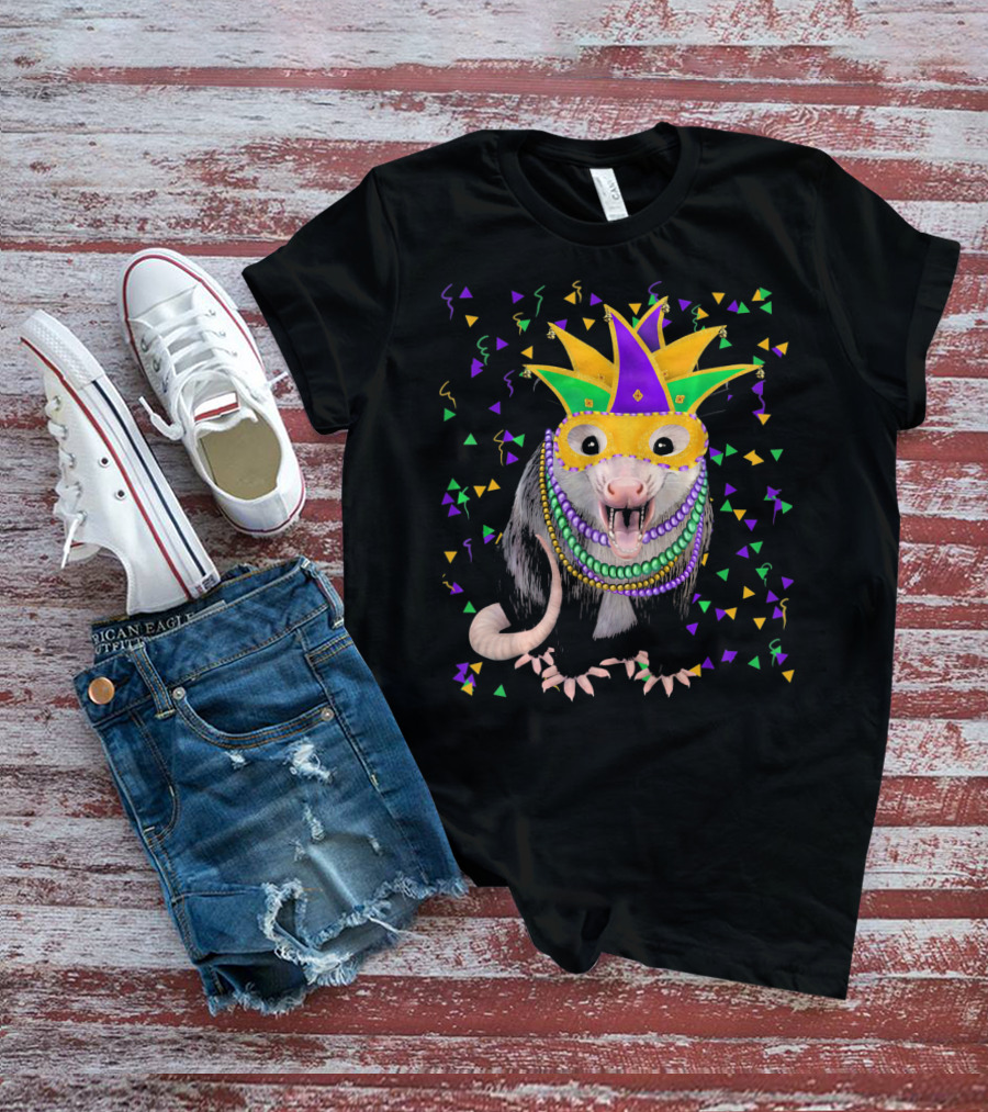 Mardi Gras Possum Wearing Colorful Mask And Beads With Confetti T-Shirt