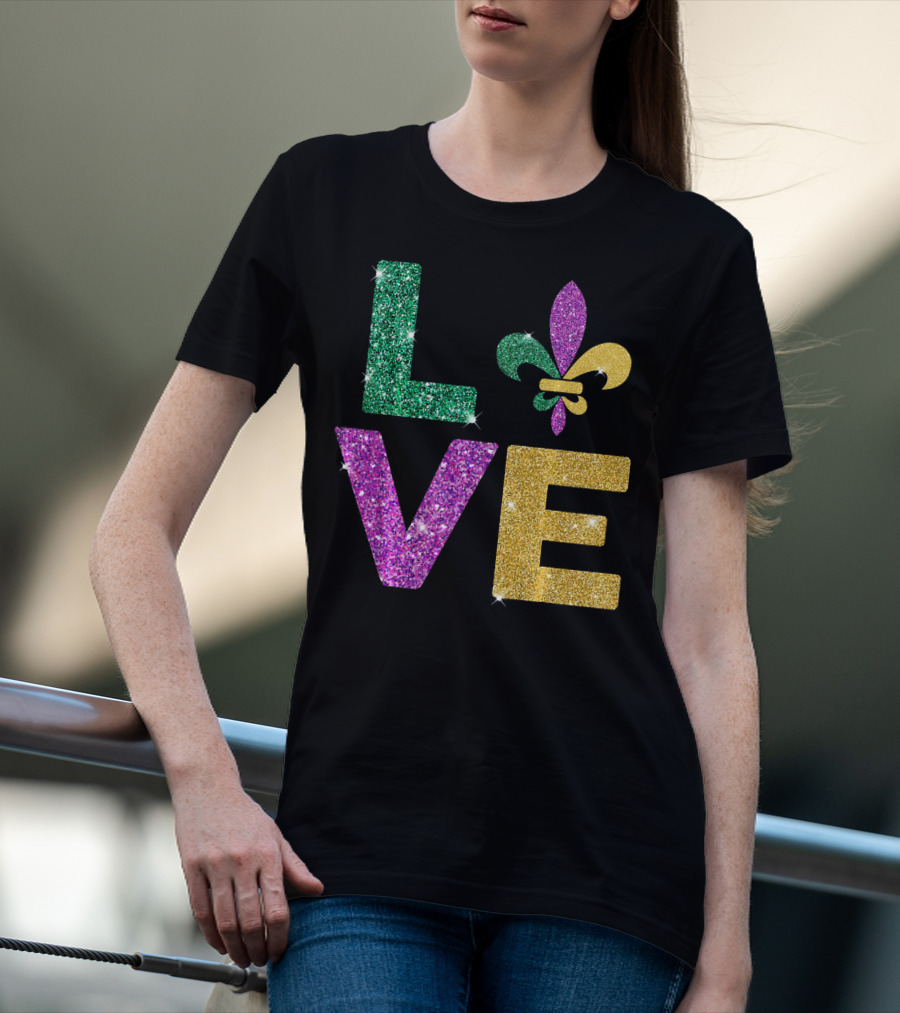 LOVE Mardi Gras Carnival Fleur-de-Lis Glitter T-Shirt
