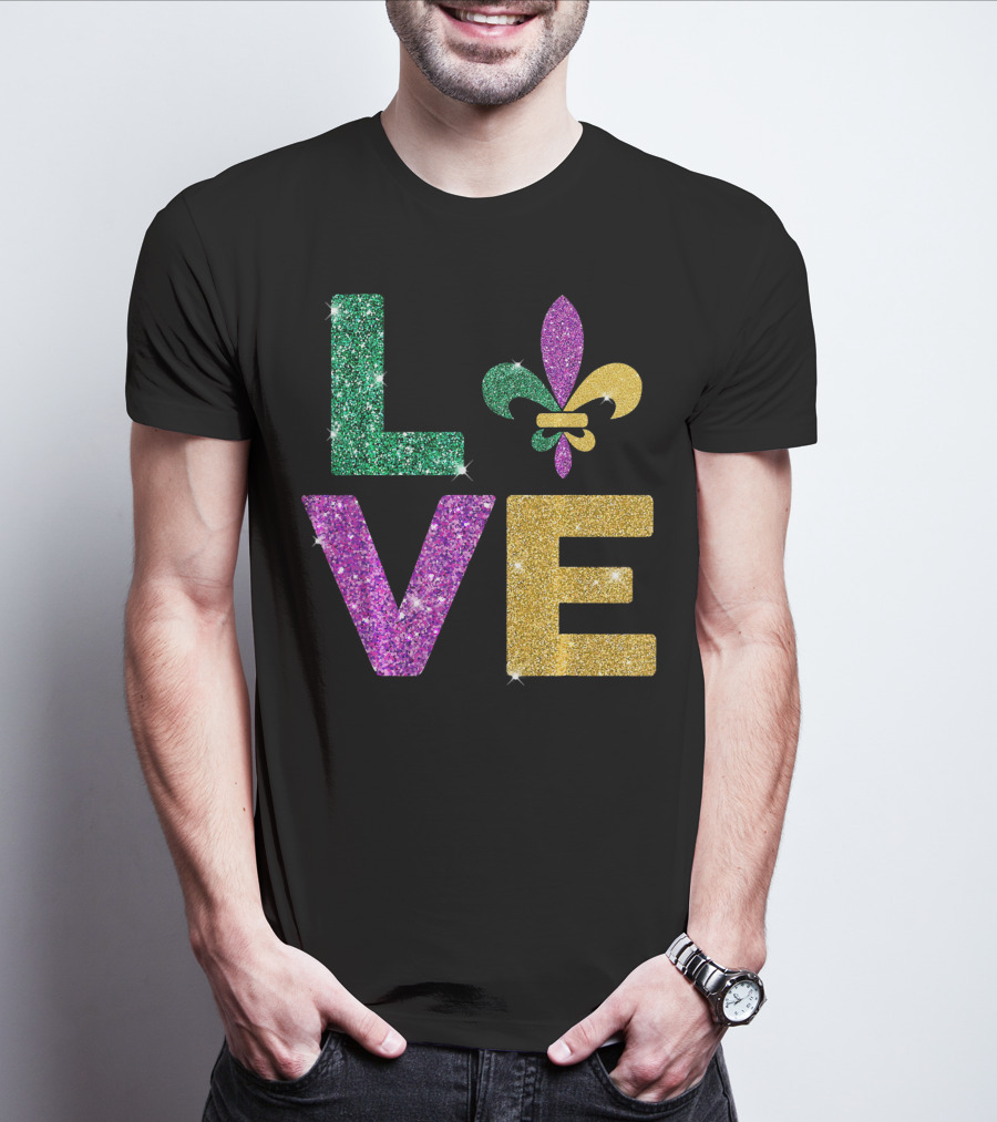 LOVE Mardi Gras Carnival Fleur-de-Lis Glitter T-Shirt