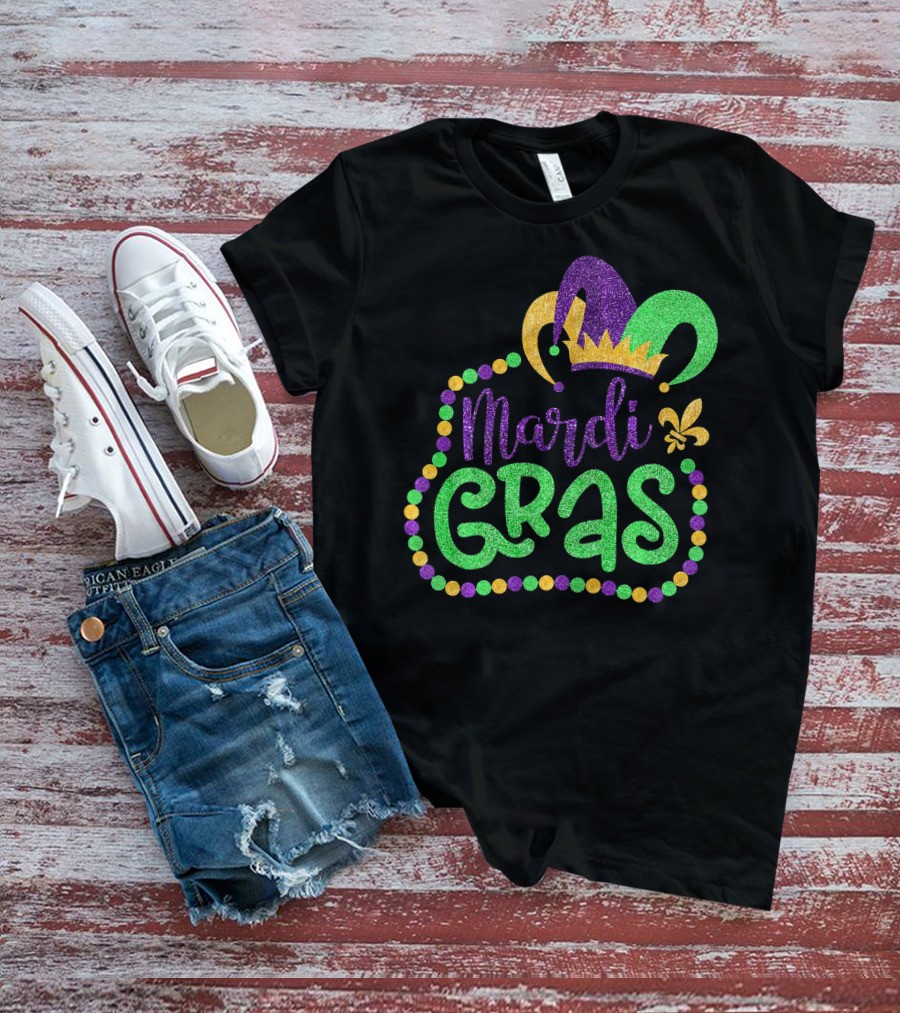 Mardi Gras Glitter Jester Hat Fleur De Lis T-Shirt