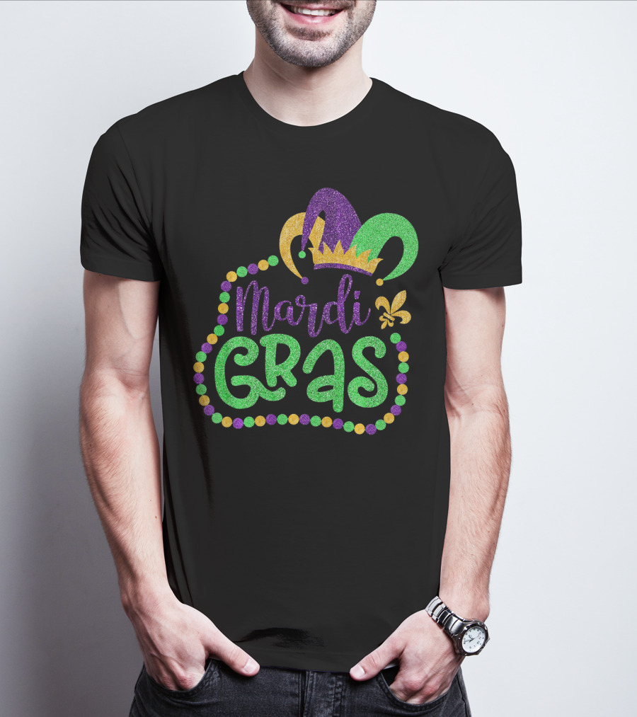 Mardi Gras Glitter Jester Hat Fleur De Lis T-Shirt