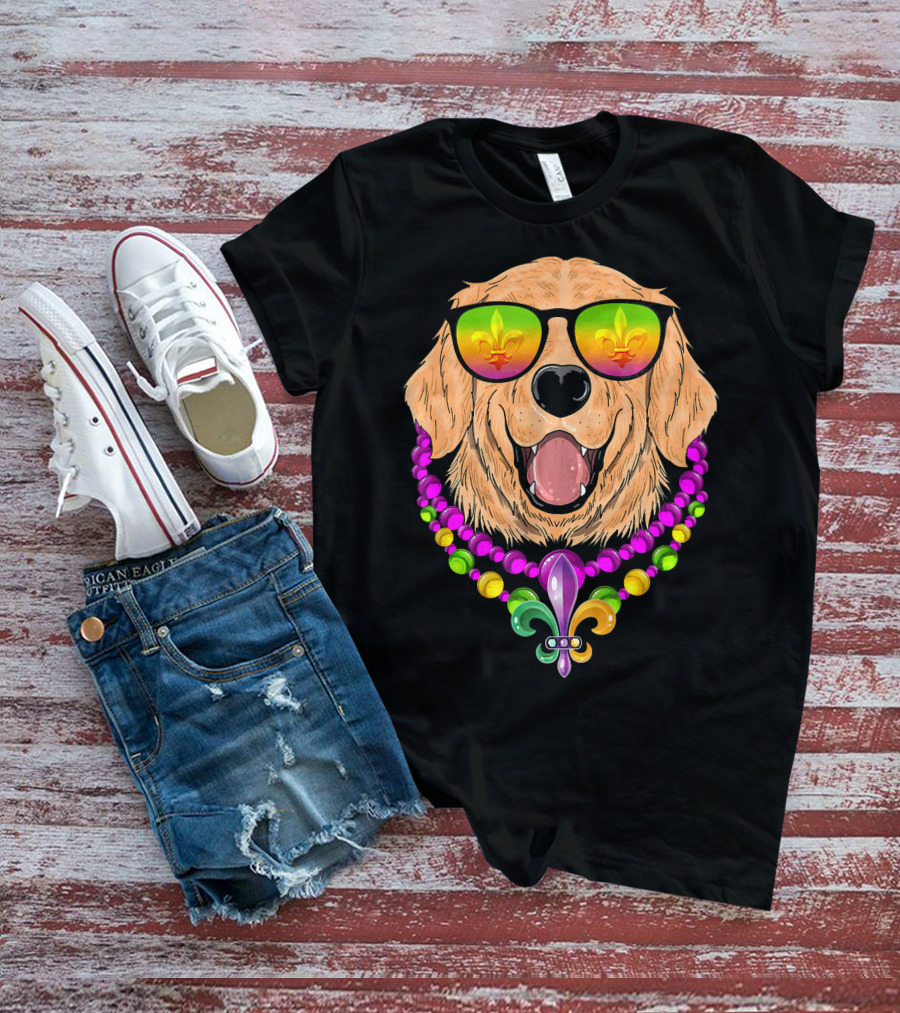 Golden Retriever With Fleur-de-Lis Beads And Sunglasses Mardi Gras T-Shirt