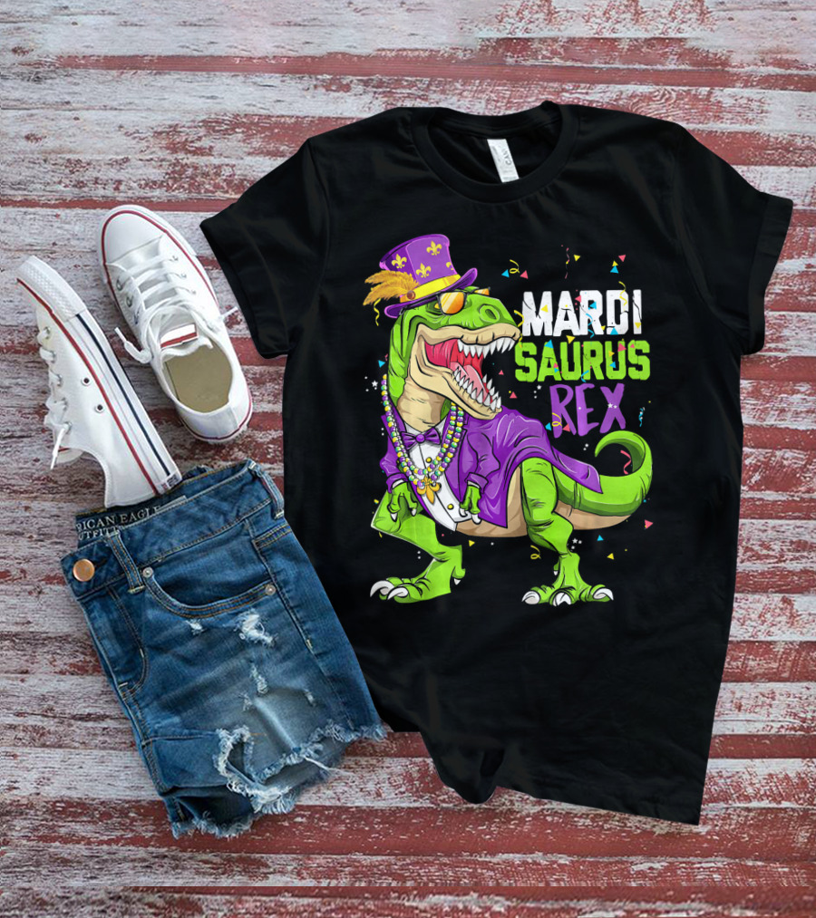Mardi Saurus Rex Dinosaur Mardi Gras Confetti Fleur-de-lis Beads Hat T-Shirt