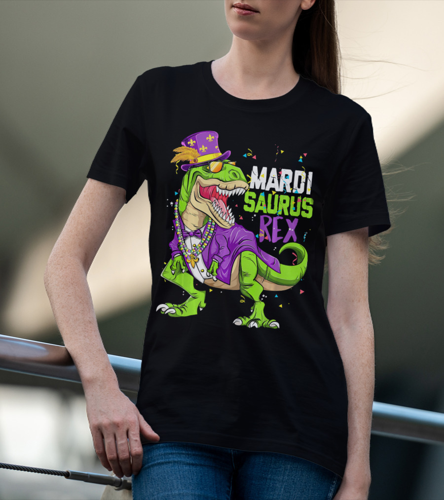 Mardi Saurus Rex Dinosaur Mardi Gras Confetti Fleur-de-lis Beads Hat T-Shirt