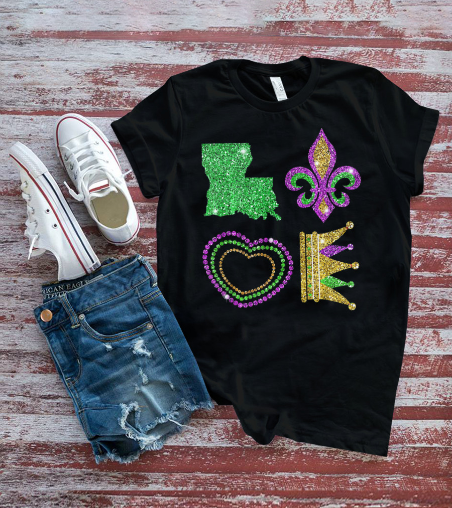 Love Mardi Gras Funny New Orleans Mardi Louisiana Glitter Fleur-de-Lis Heart Crown T-Shirt