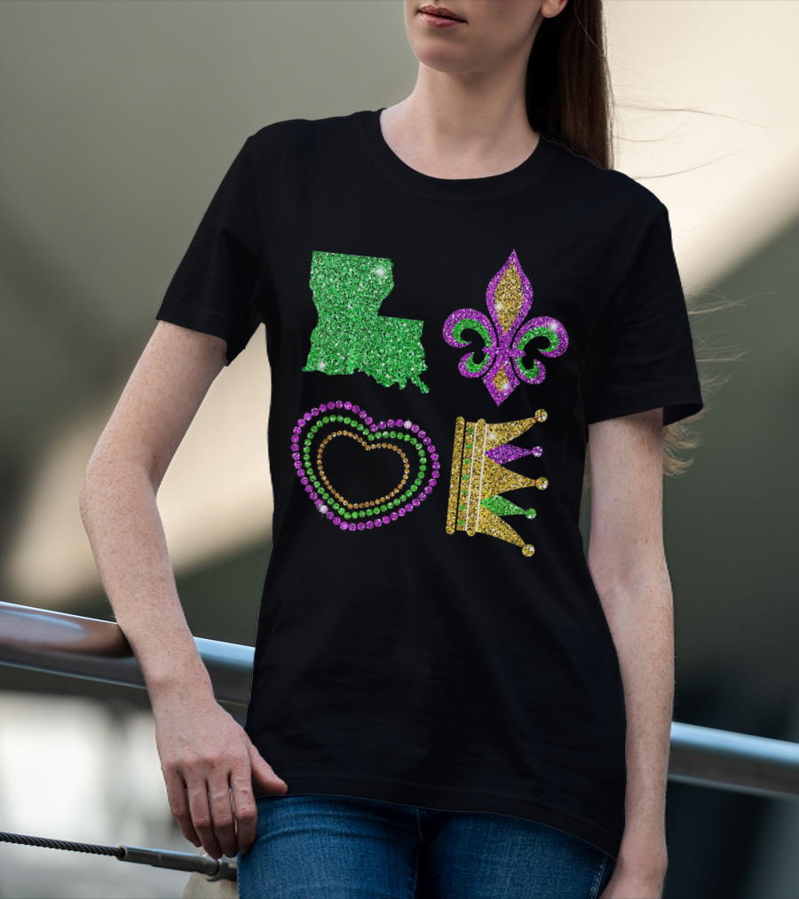 Love Mardi Gras Funny New Orleans Mardi Louisiana Glitter Fleur-de-Lis Heart Crown T-Shirt