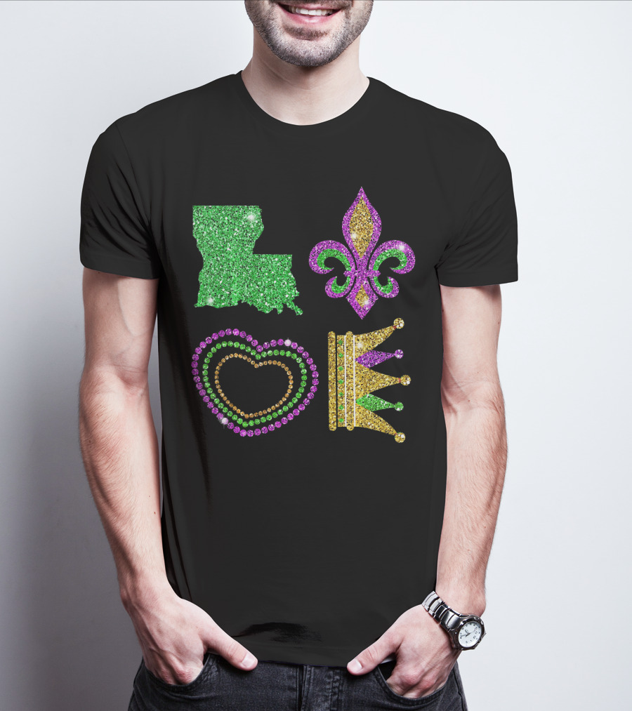 Love Mardi Gras Funny New Orleans Mardi Louisiana Glitter Fleur-de-Lis Heart Crown T-Shirt