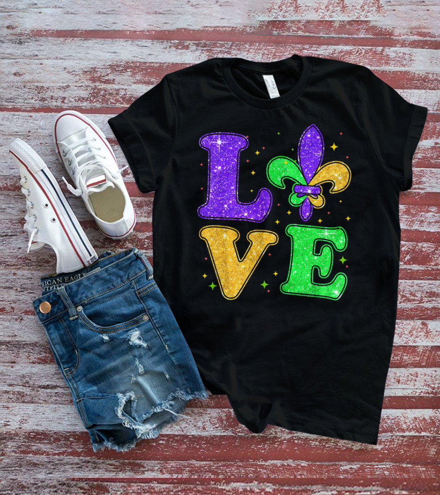 Love Mardi Gras Fleur De Lis Glitter T-Shirt