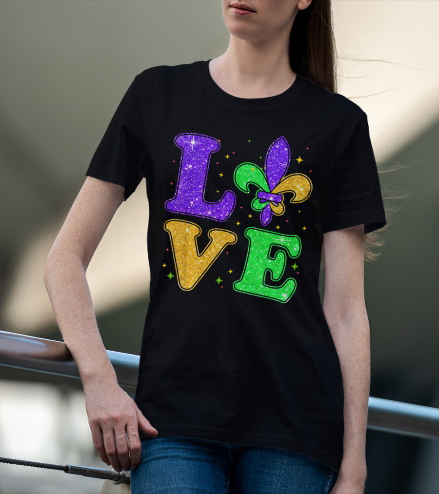 Love Mardi Gras Fleur De Lis Glitter T-Shirt