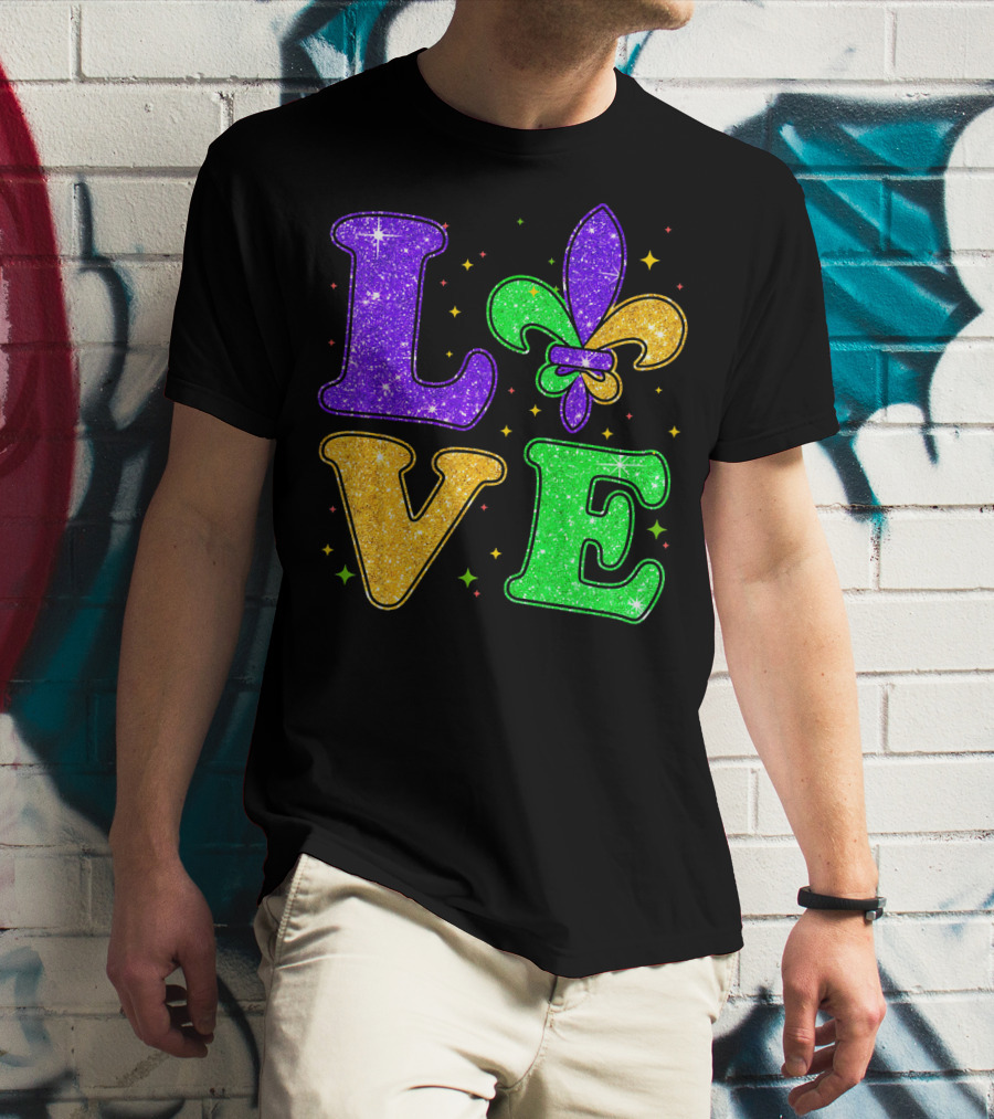 Love Mardi Gras Fleur De Lis Glitter T-Shirt