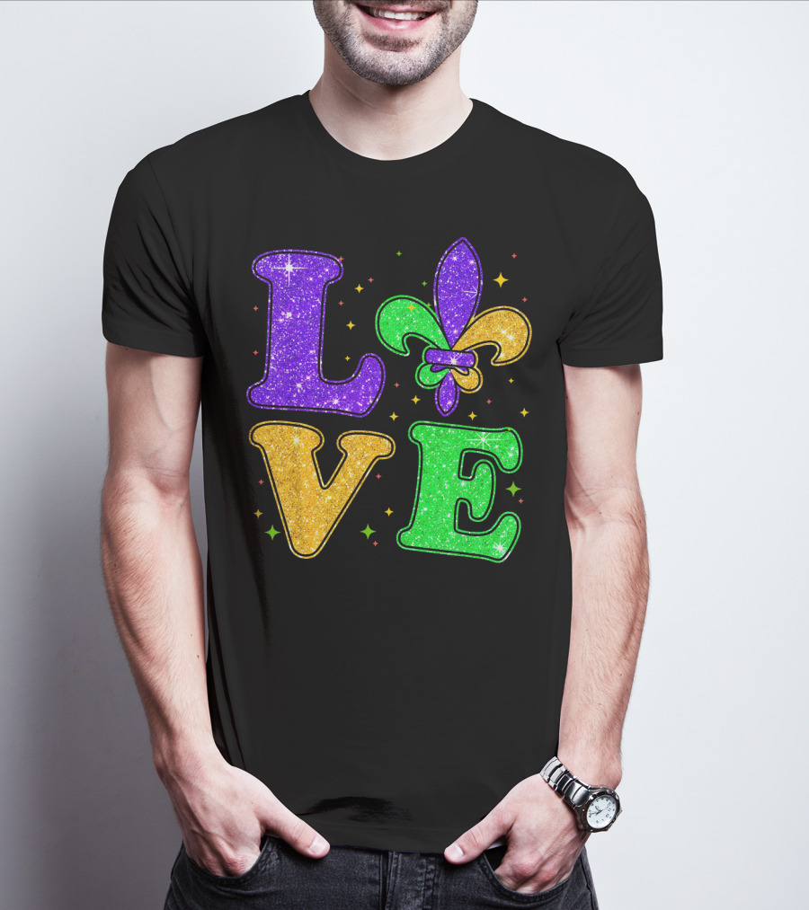 Love Mardi Gras Fleur De Lis Glitter T-Shirt