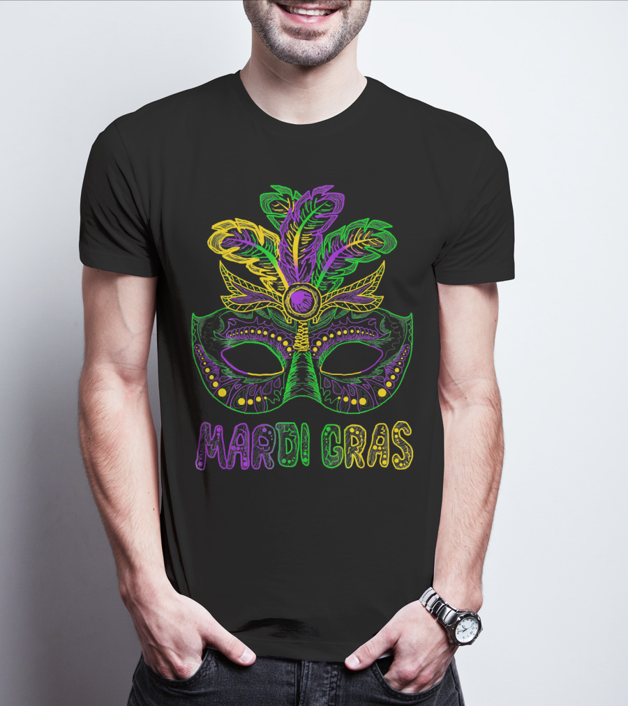 Mardi Gras Mask With Colorful Feather T-Shirt