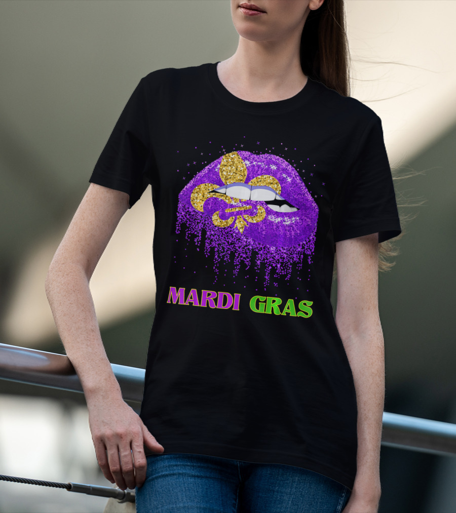 Mardi Gras Costume Funny Lips Glitter Fleur-de-lis T-Shirt