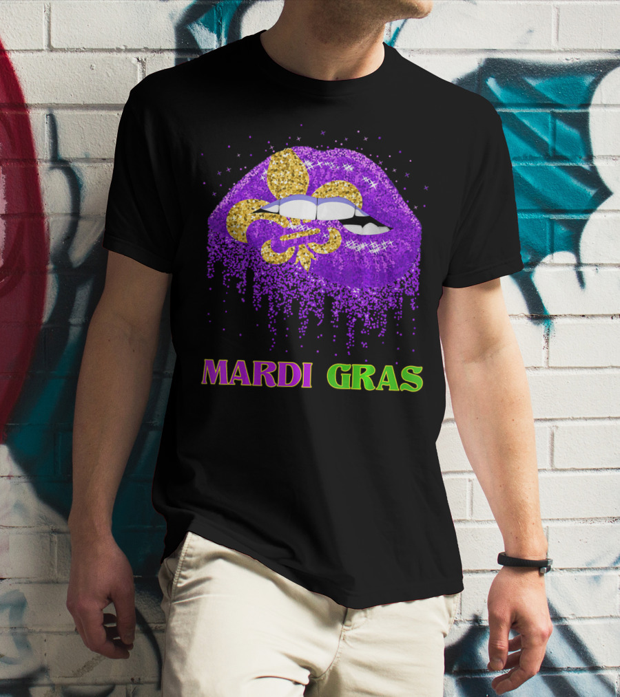 Mardi Gras Costume Funny Lips Glitter Fleur-de-lis T-Shirt