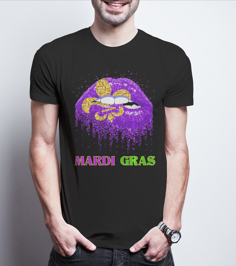 Mardi Gras Costume Funny Lips Glitter Fleur-de-lis T-Shirt