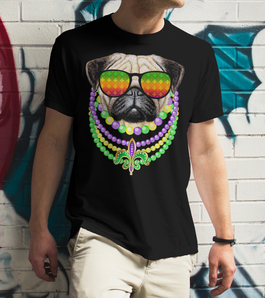 Pug With Beads And Sunglasses Fleur-de-Lis Mardi Gras T-Shirt