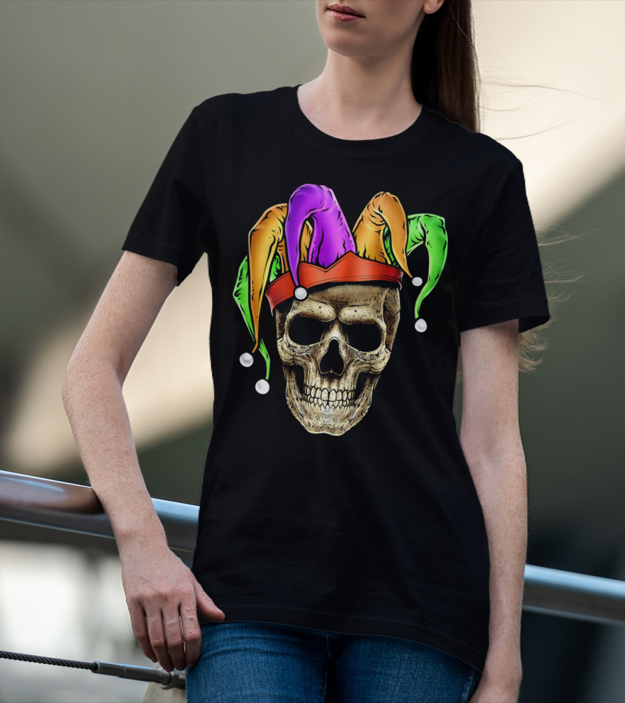Skull Face Mardi Gras Jester Joker Colorful Hat T-Shirt