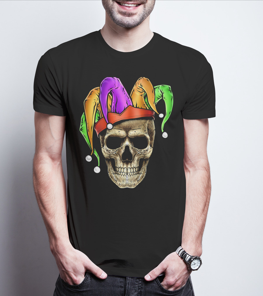 Skull Face Mardi Gras Jester Joker Colorful Hat T-Shirt