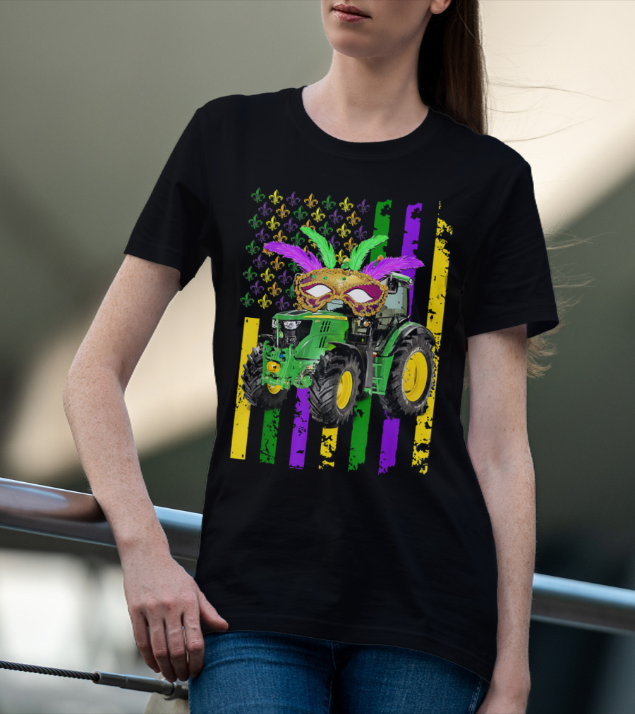 Mardi Gras Mask Tractor With Fleur-de-Lis And American Flag Colors T-Shirt