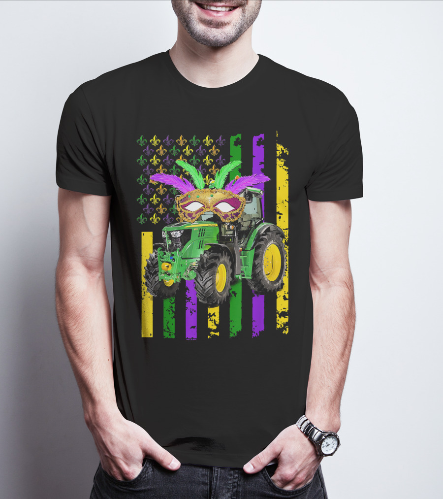 Mardi Gras Mask Tractor With Fleur-de-Lis And American Flag Colors T-Shirt