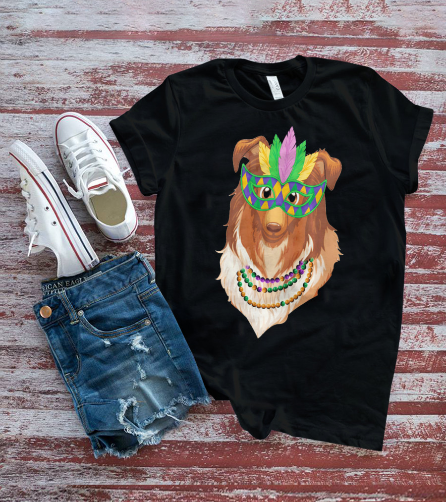 Collie Wearing Mardi Gras Mask And Beads T-Shirt
