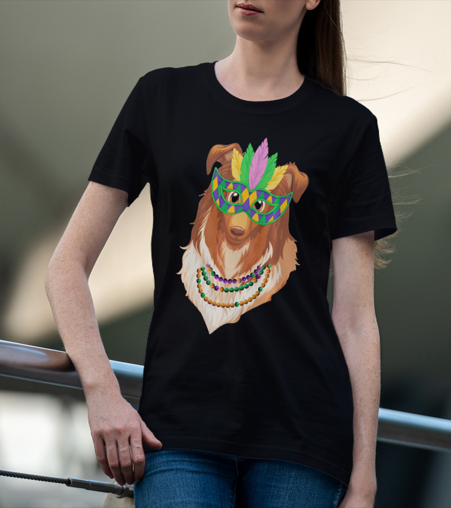 Collie Wearing Mardi Gras Mask And Beads T-Shirt