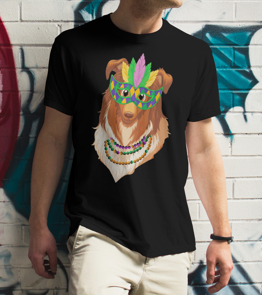 Collie Wearing Mardi Gras Mask And Beads T-Shirt