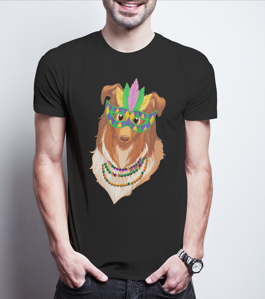 Collie Wearing Mardi Gras Mask And Beads T-Shirt