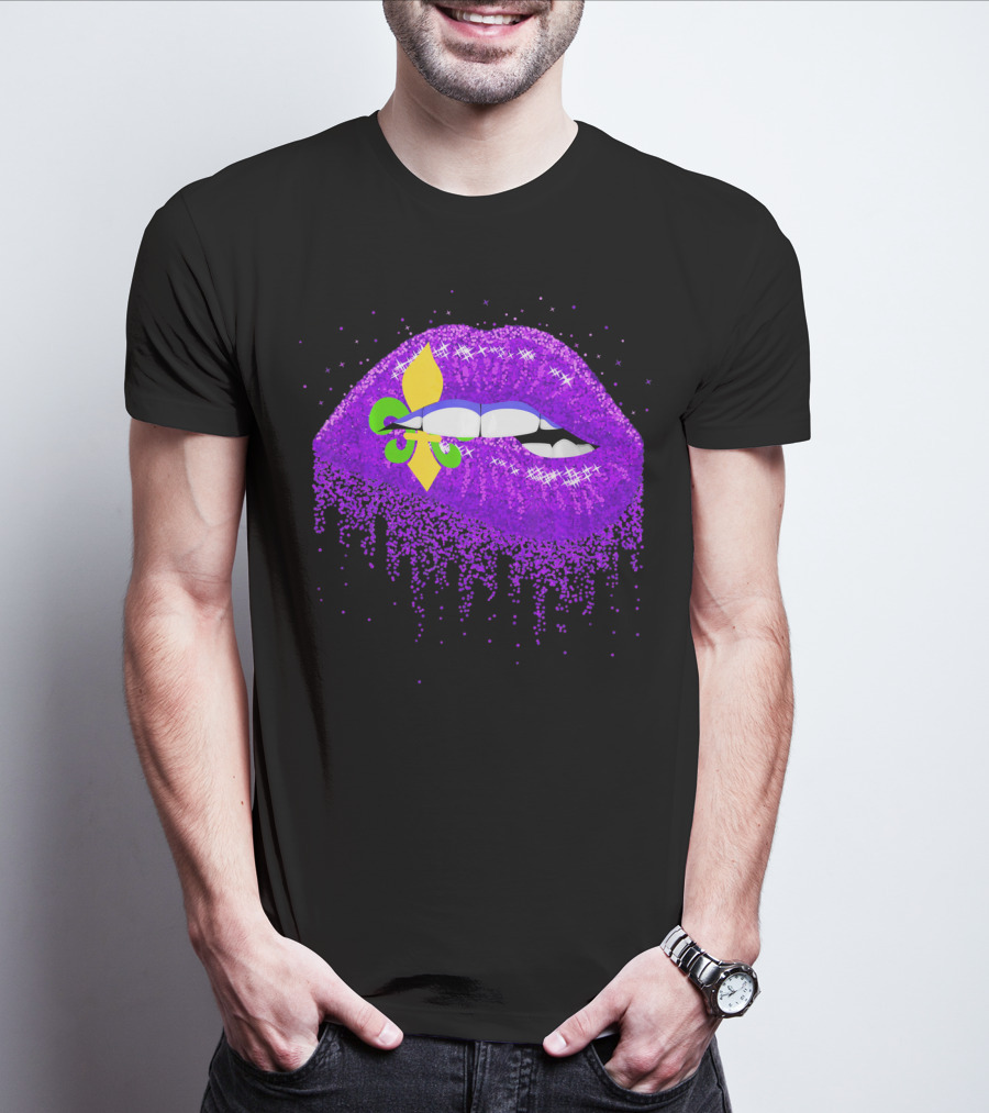 Funny Mardi Gras Purple Glitter Lips With Fleur-de-Lis T-Shirt