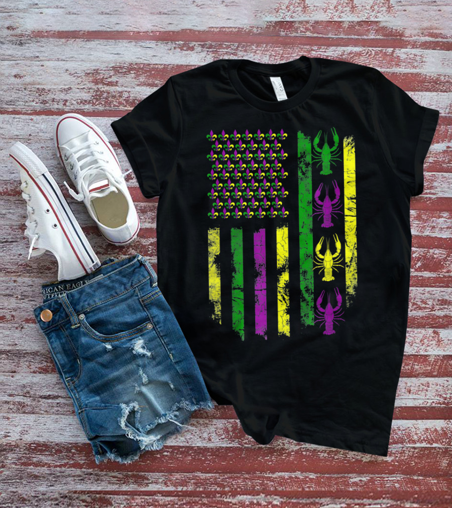Mardi Gras Fleur-de-Lis Crawfish Flag In Purple Green Gold T-Shirt