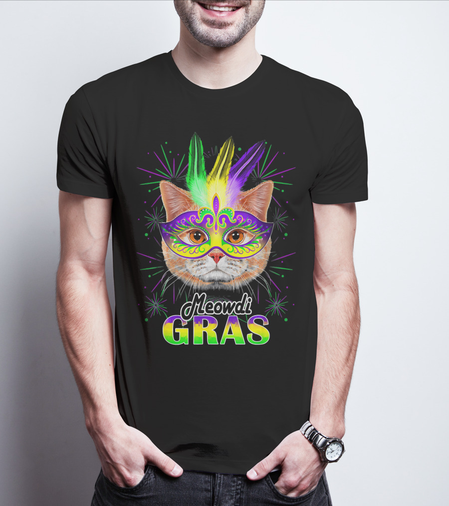 Meowdi Gras Mardi Gras Cat With Colorful Mask And Feathers T-Shirt