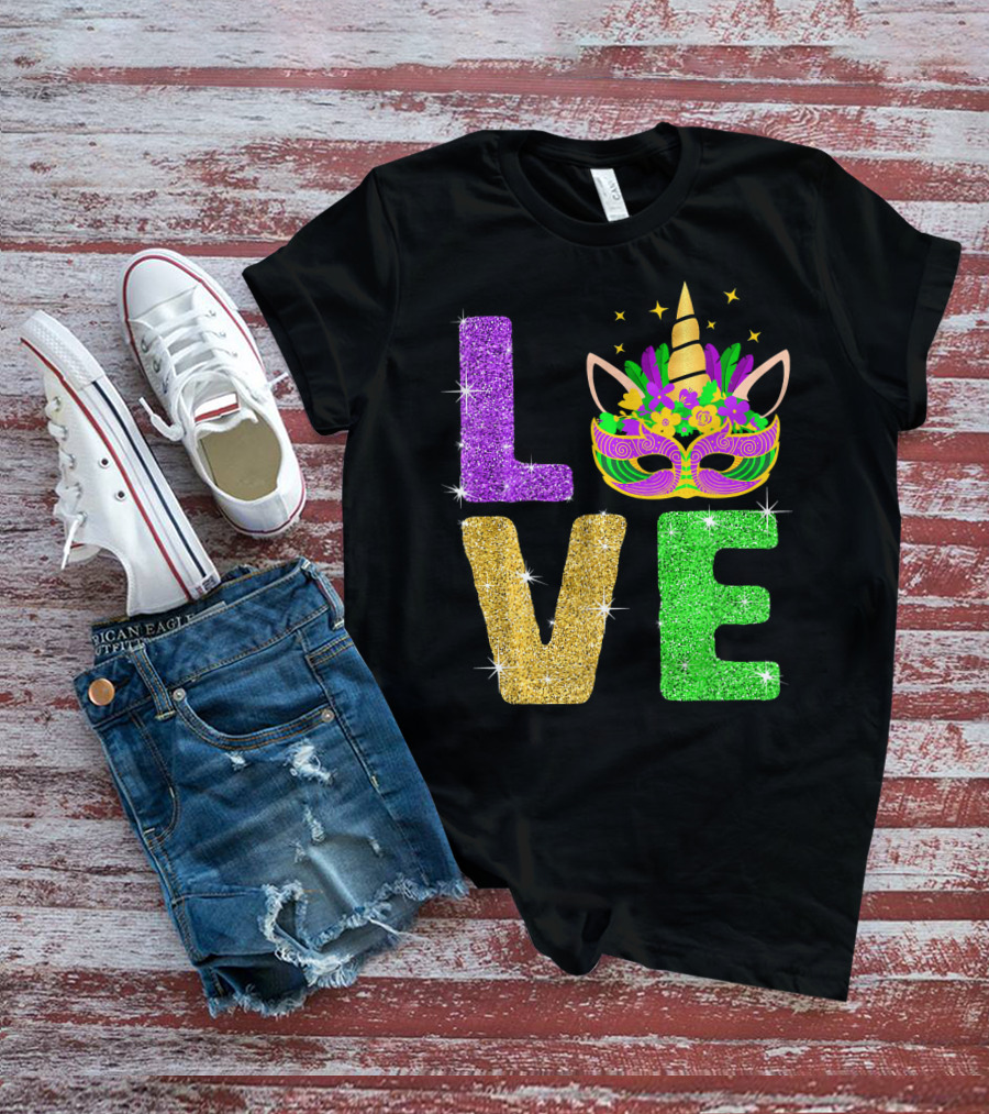 Unicorn Masquerade Mask Mardi Gras Love T-Shirt