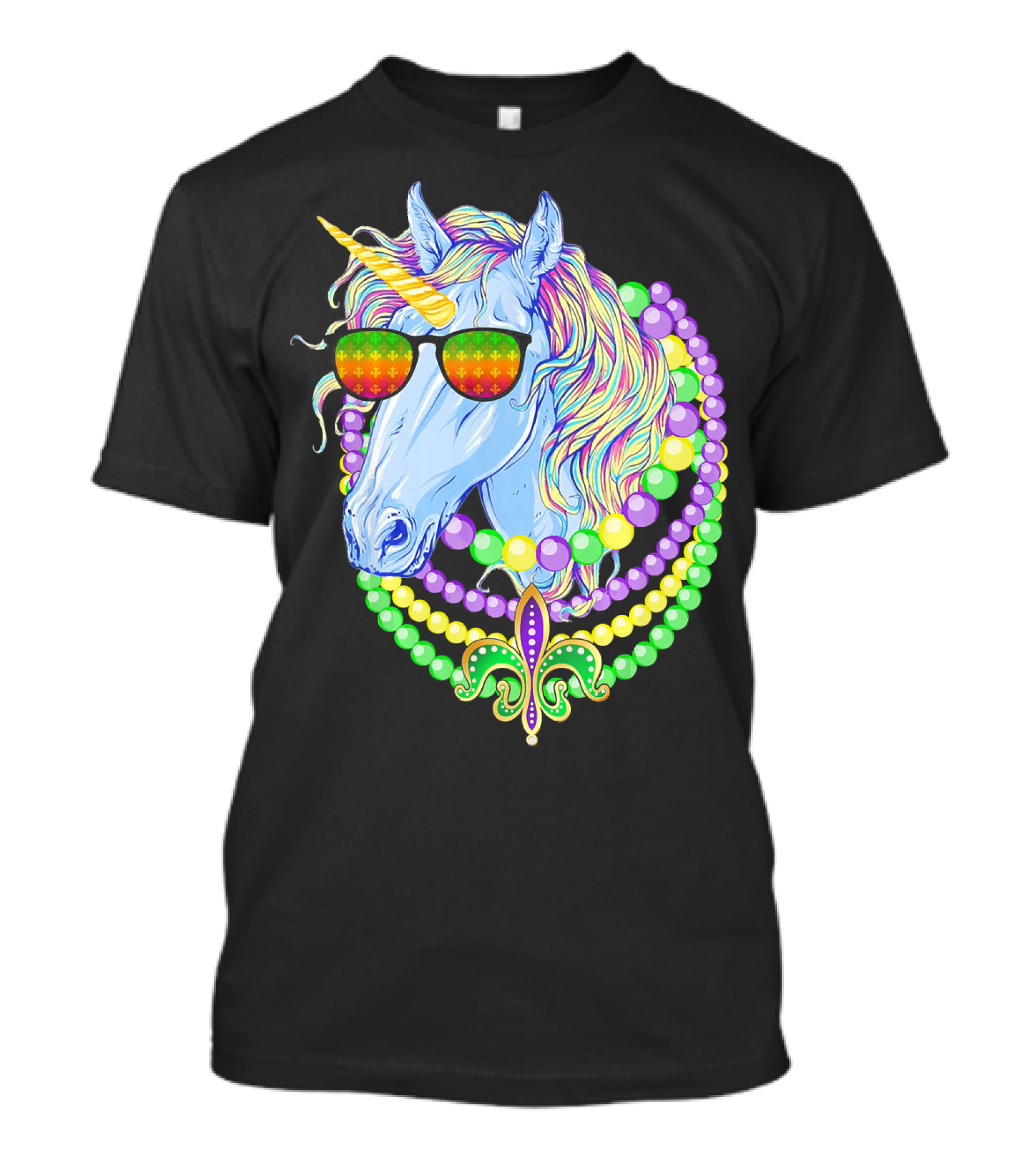 Unicorn With Sunglasses And Colorful Beads Featuring Fleur-de-Lis For Mardi Gras T-Shirt