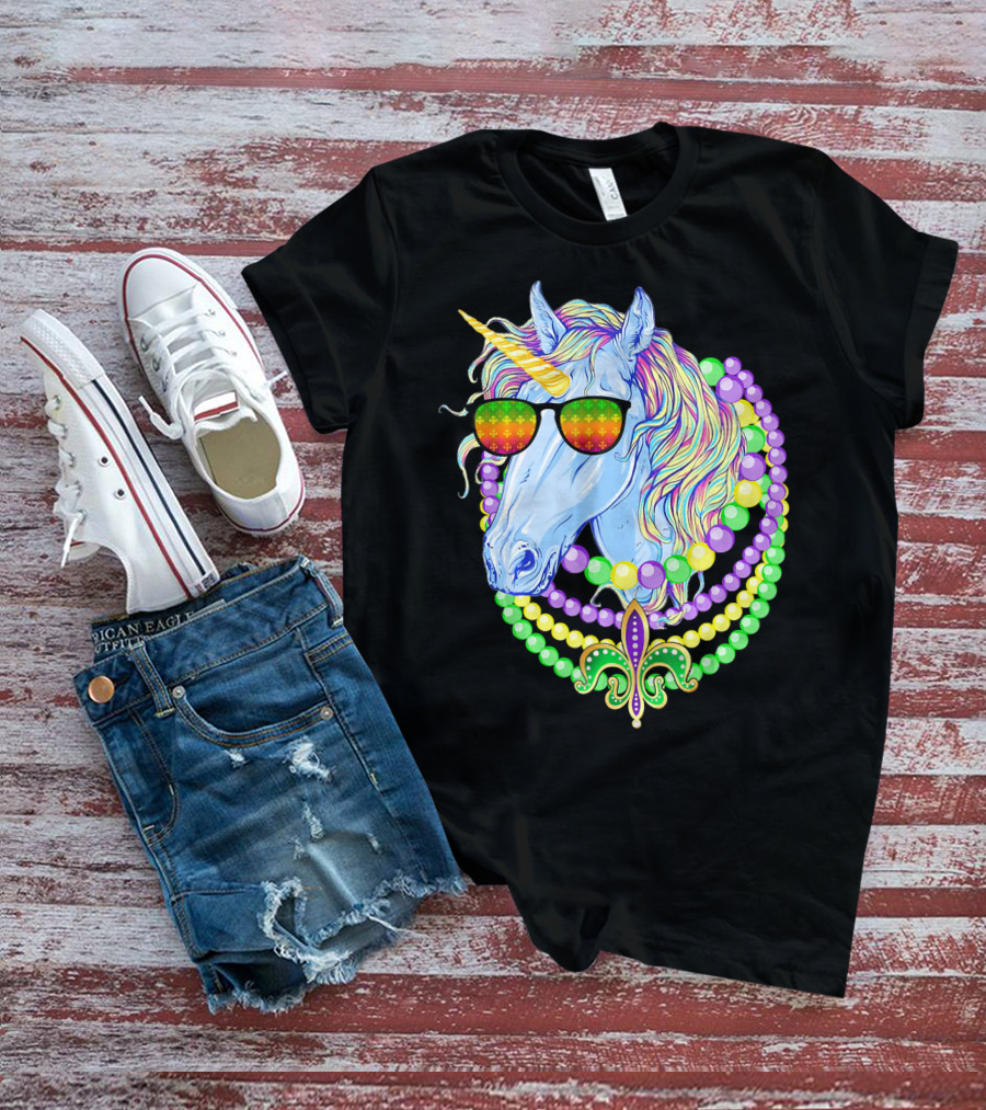 Unicorn With Sunglasses And Colorful Beads Featuring Fleur-de-Lis For Mardi Gras T-Shirt