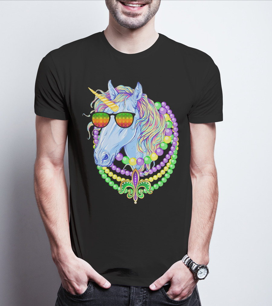 Unicorn With Sunglasses And Colorful Beads Featuring Fleur-de-Lis For Mardi Gras T-Shirt