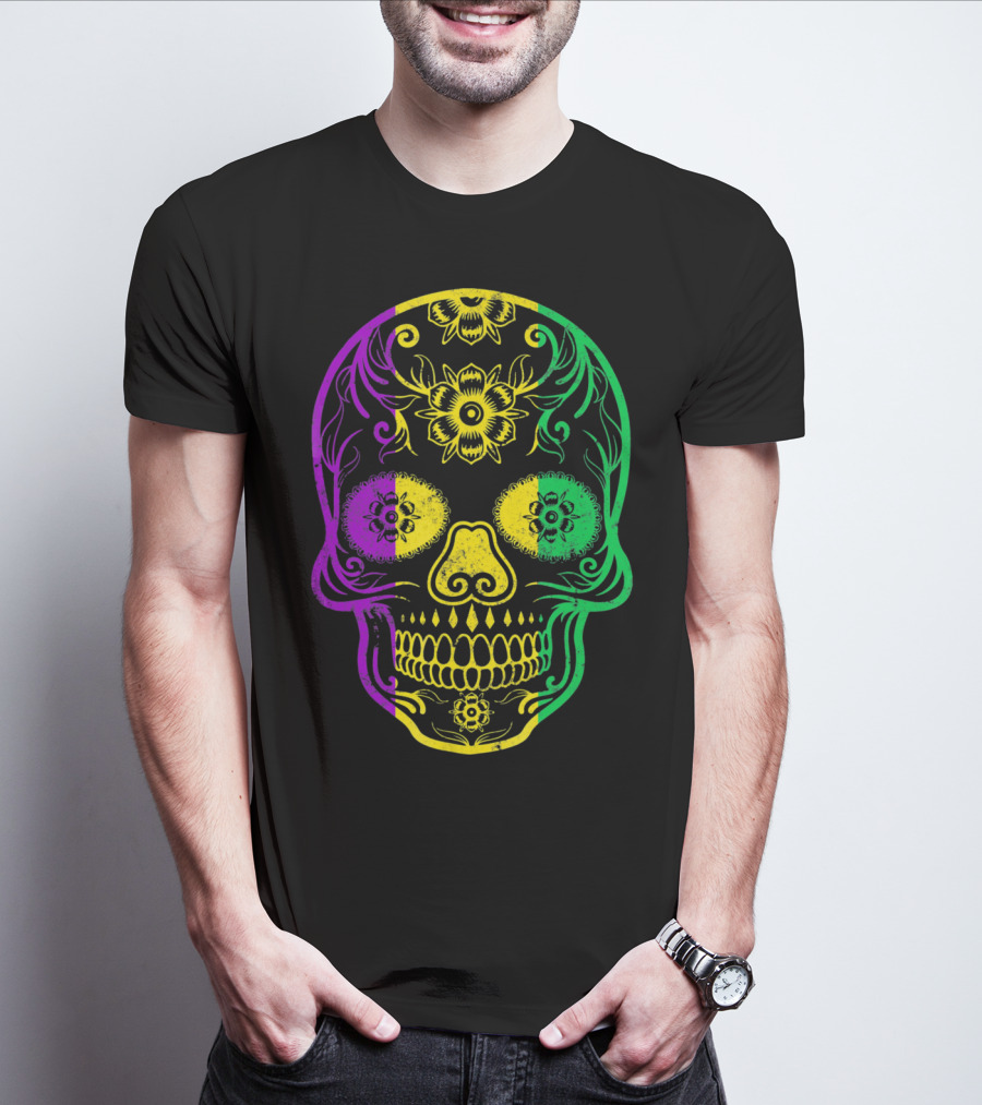 Mardi Gras Skull In Vibrant Purple Green And Yellow Fat Tuesday Colors T-Shirt
