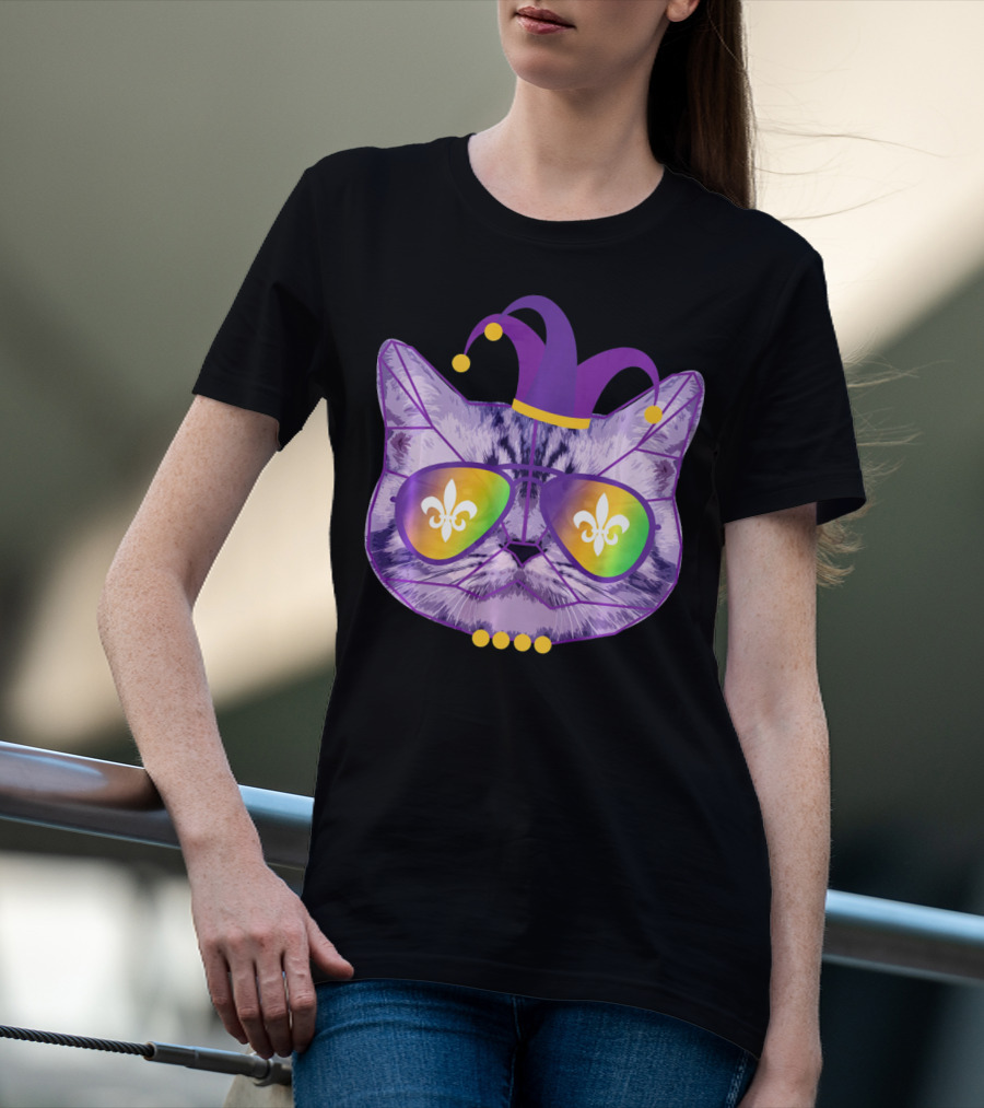 Funny Cat Jester Mask Sunglasses Cat Lover Fleur-de-lis T-Shirt