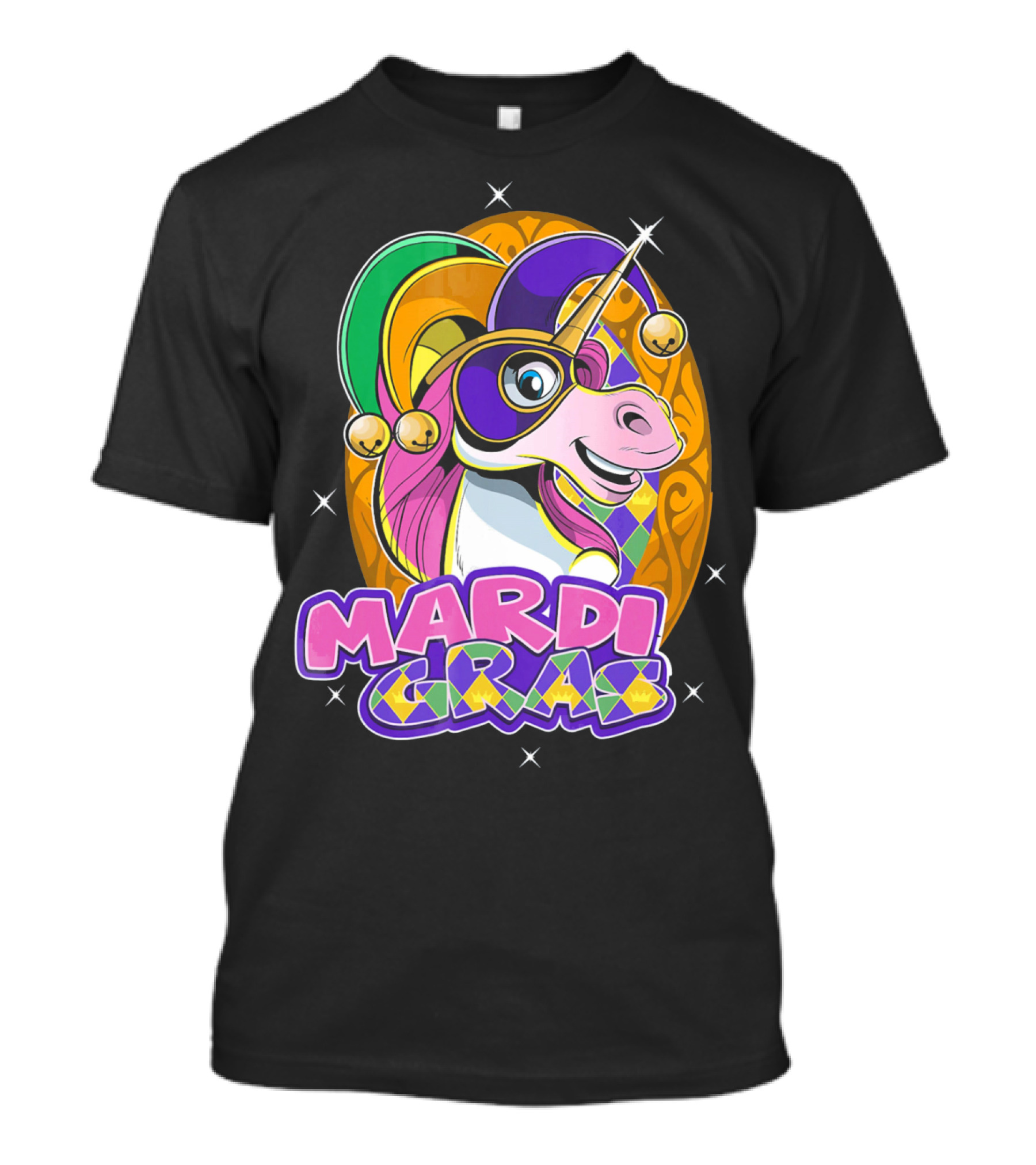 Mardi Gras Unicorn With Jester Hat And Masquerade Mask T-Shirt