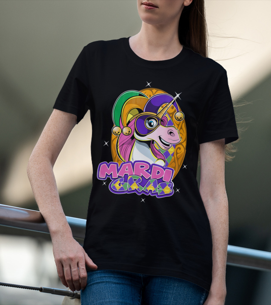Mardi Gras Unicorn With Jester Hat And Masquerade Mask T-Shirt